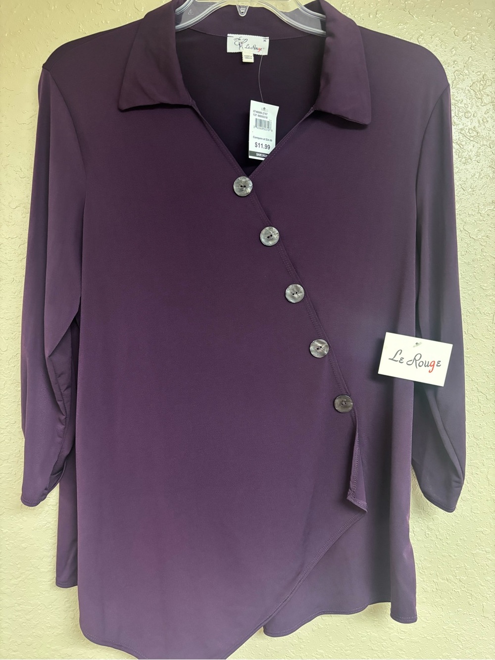 Rouge Helium Deep Purple Asymmetrical Button-Front Collared Top